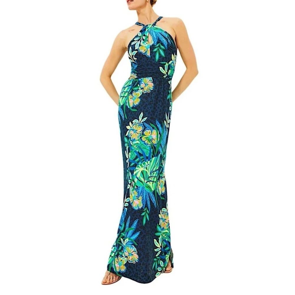 Lilly Pulitzer Orla Halter Maxi Dress Medium Navy Blue Floral Tropical Preppy